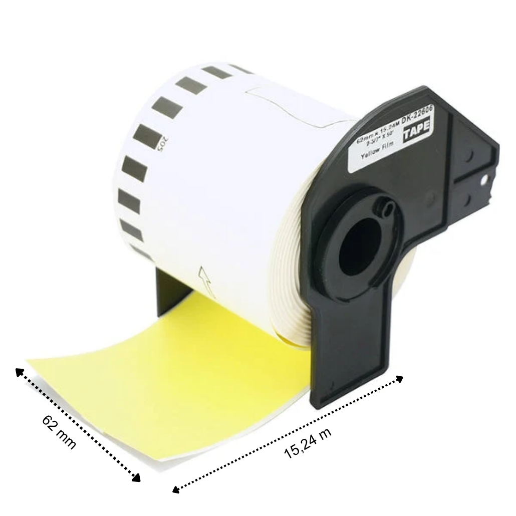 Etichette compatibili Brother DK-22606 in pellicola gialla (PP), 62 mm x 15,24 m, supporto Brother incluso, permanente